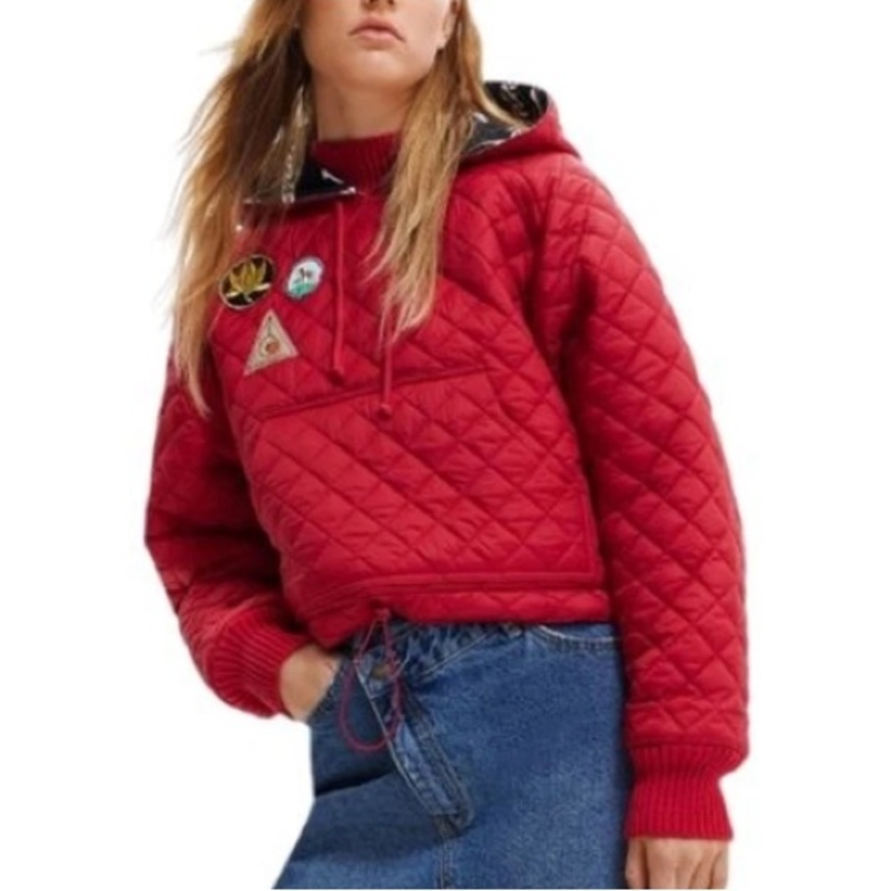 Desigual Women's Red Cropped Quilted Padded Hooded Jacket Size Small - Picture 2 of 12